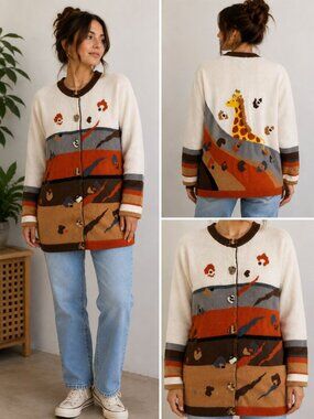Vintage 90s Storybook Knits Giraffe Safari Cardigan Sweater Womens Large Ramie C